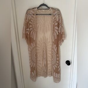 Rebellion Beige Sheer Embroidered Lace Kimono Swim Coverup
